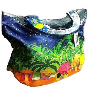 Tropical Painted Wood Double Handled Oversized Lined Canvas Beach Tote Bag